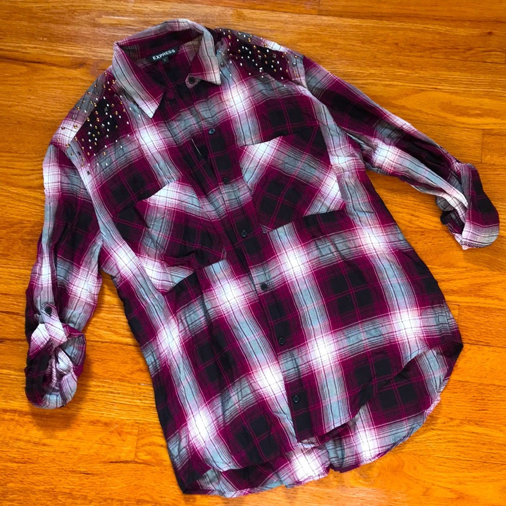 Express Studded Purple Plaid Top